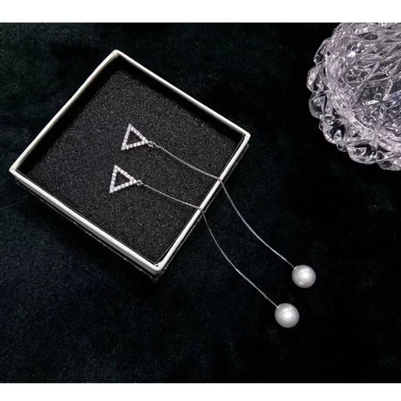 14k Gold Shell Pearl Diamonds Threader Earrings Sterling Silver - Picture 2 of 7